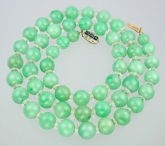 Antique Art Deco Gold Sapphire Green Jadeite Jade Rock Crystal Bead Necklace GIA