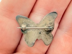 Vintage Sterling Silver Guilloche Enamel Teal Green Blue Butterfly Pin 2g 21mm
