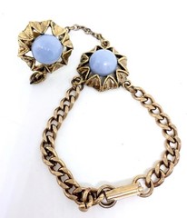 Blue Lucite Cabochon Slave Bracelet & Ring Set Adjustable Vintage Jewelry