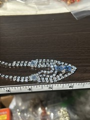 Vintage Silver Plate Blue Rhinestone Baguette Emerald Cut Collar Necklace 15”
