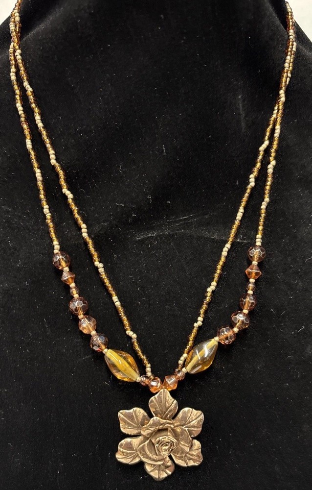 Vintage Cookie Lee Necklace Bronze Flower Double Strand Pendant signed 16” Adjus