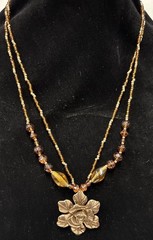 Vintage Cookie Lee Necklace Bronze Flower Double Strand Pendant signed 16” Adjus