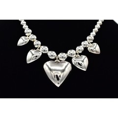 Vintage Heart Charm Necklace Puffy Silver Beaded Chain Chunky Shiny NOS 80s A27