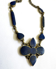 Vintage Pakistan Lapis Lazuli Flower Necklace, Boho Ethnic Inlay, Blue Stone