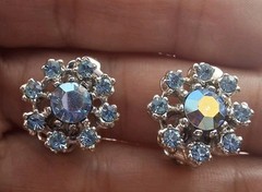 Vintage Gold Plated AB And Pale Blue Crystals Floral Clip-ons
