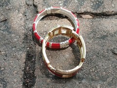 2 Vintage Hinged Bangle Bracelets with Red Enamel 1 Gold Tone 1 Silver Tone 80’s