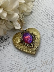 Gold Heart Locket Photo Fire Opal Dragon Birthday Anniversary Wedding Necklace