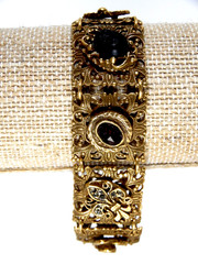 VTG Goldette NY Filigree Link Bracelet w/Cameo/Stone Accents 7″ X 3/4″ EUC