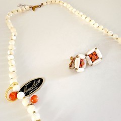 NEW VINTAGE MIRIAM HASKELL CORAL & CREAM SHELL BEADED NECKLACE AND EARRING SET