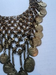 Vintage Boho Gold Tone Chainmail Coin Bib Choker Statement Necklace 18” H3