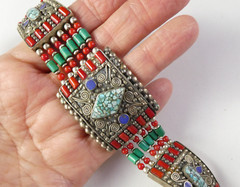 Southwestern Metal & Beaded Bracelet Coral Turquoise Lapis Silver Plated Heavy