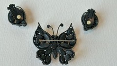 Vintage 1950s metal rhinestone butterfly brooch and matching earring set
