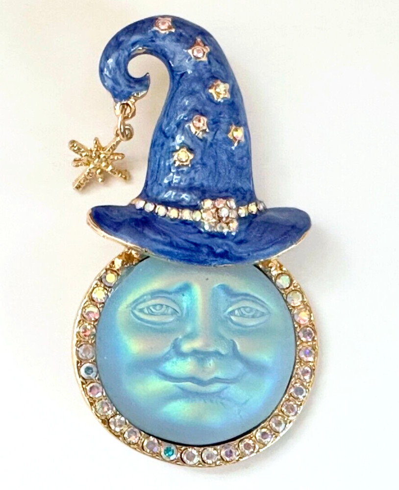 Blue Moon Face Wizard With Aurora Borealis Rhinestones Brooch / Pendant New
