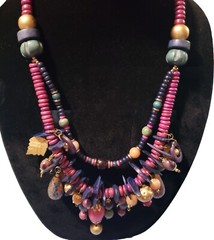VTG Colored Wooden Beads Necklace Asymmetrical Statement 1990s Pink Blue Boho