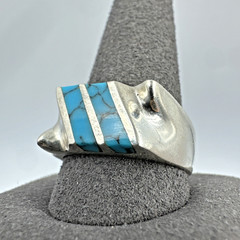 Vtg Taxco 925 Sterling Mens Turquoise Inlay Ring Signed Sz 11.75 Modernist 13.1g
