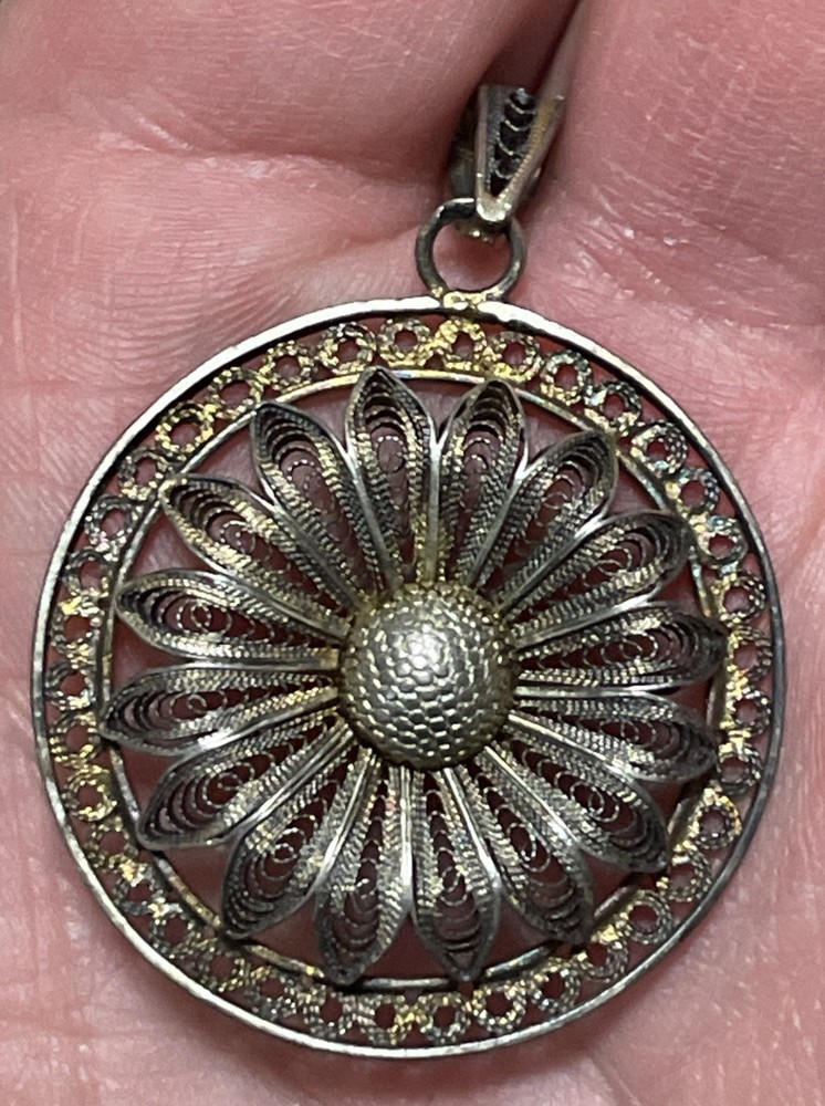 Antique Silver-Tone Sunflower Filigree Pendant