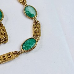 Vintage Accessocraft NYC Gold Tone Green Slag Glass Link Necklace 30” Pat Pend
