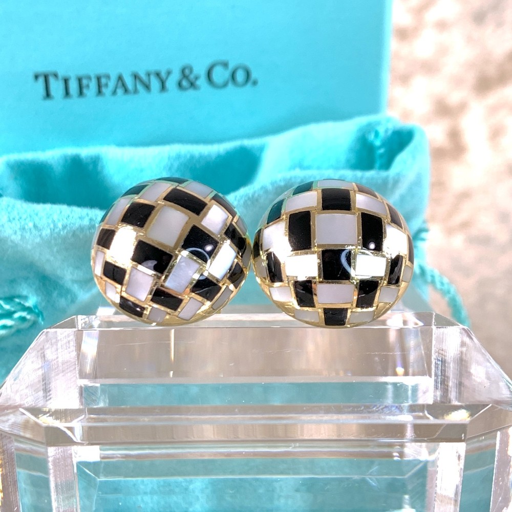 Tiffany & Co. 18K 750 Yellow Gold Mother Of Pearl and Onyx Mosiac Cufflinks with