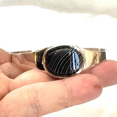 Black Lace Agate Bezel Set Cuff Bracelet 925 VTG Sterling Silver 2.25” Diameter