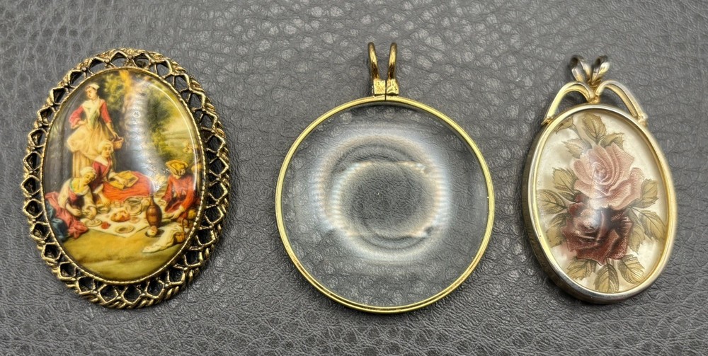 Vintage Lot Of 3 Pendants Gold Tone Floral Cameo Portrait Scene Magnifying Glass