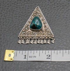VTG Sterling Silver Brooch Pendant Triangle Chrysocolla Silver Israel 925 Pin