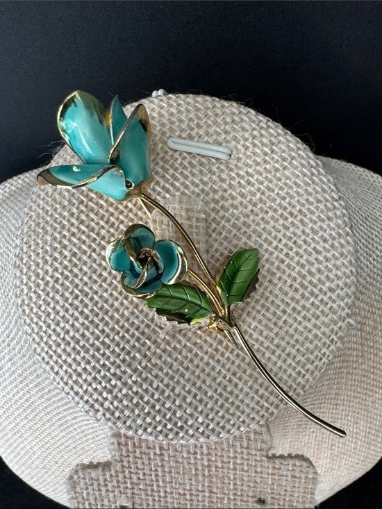 VTG 1960s Teal Blue Enamel Two-Flower Brooch Gold Tone Mid-Century