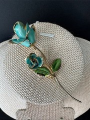 VTG 1960s Teal Blue Enamel Two-Flower Brooch Gold Tone Mid-Century