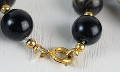 Vintage Black And Gold Color Fusion Plastic Beaded Necklace 30″ Spring Ring
