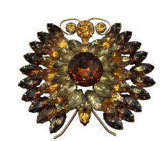 Vintage XL Butterfly Cluster Brooch Pin 40s Rootbeer Crystal Statement