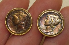 Vintage Pair Silver Mercury Head Dime 1943 & 1944 Cufflinks Gold Tone Settings