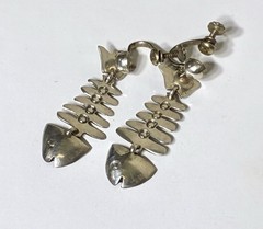 Taxco Silver Fish Dangle Earrings signed IP with Eagle Modernist Screw Back