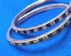 VINTAGE ANTIQUE 2 STERLING BLUE & GREEN & WHITE RHINESTONE CRYSTAL BANGLE SET
