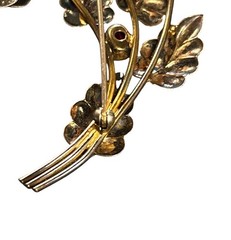 VINTAGE 12 KT GF on STERLING SILVER VERMEIL RED RHINESTONES FLOWER BROOCH 1940s