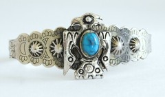 Vintage Silver Tone Faux Turquoise Thunderbird Southwestern Cuff Bracelet