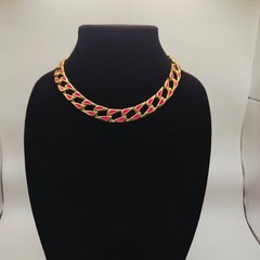 Vintage Gold Tone and Pink/Red Enamel Chunky Chain Link Choker Necklace