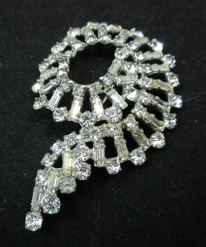 High End Prong Set Clear Rhinestone Brooch w/Baguette Stones Silver Tone Swirly
