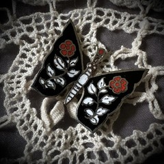 Vintage 70’s Enameled Butterfly Brooch/Pendant Floral Black White Red Fairycore