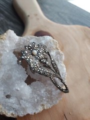 Antique Markasite Flower brooch with Akoya pearl- 800 Silver