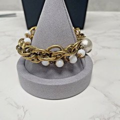 Vintage JOHN WIND Faux Pearl Multi strand Gold Tone Chain Initial “J” Bracelet