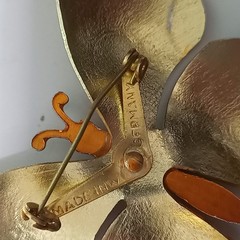 Vintage Made in Germany Enamel Butterfly Brooch Pin Orange Amber Gold Tone LARGE