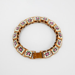 Vintage Hand Painted Enamel Panel Bracelet Pink Roses on White, Book Chain 6.75″
