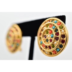 D’orlan Vintage Clip Earrings Round Cabochon Coral Turquoise Gold Signed BinBF