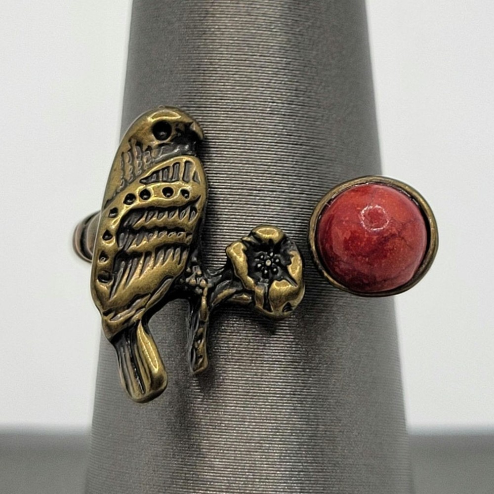 Southwestern Brass Bypass Ring Bird Flower Red Stone Dyed Howlite Size 6 3/4