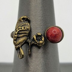 Southwestern Brass Bypass Ring Bird Flower Red Stone Dyed Howlite Size 6 3/4