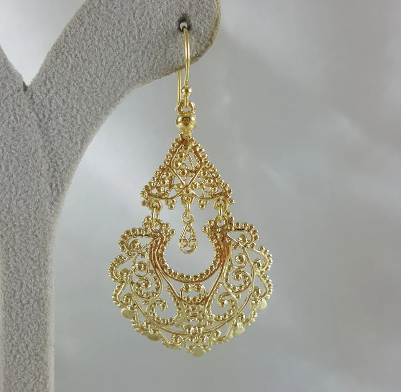 Gold Filigree Chandelier Earrings Vintage Statement Dangle Jewelry