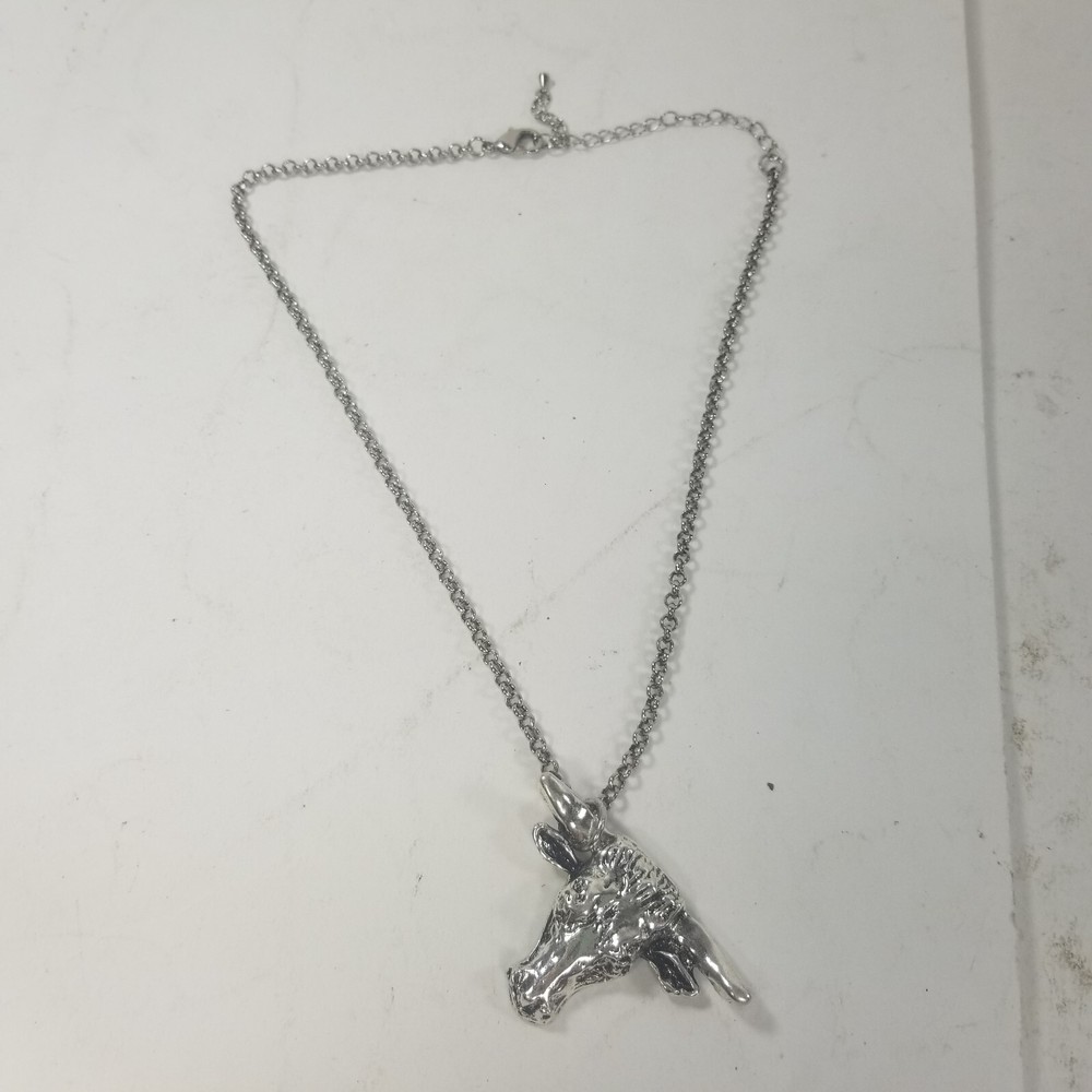Vintage 90s Silver Tone Bull Head Horns Longhorn Repurposed Pendant Necklace