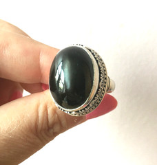 VINTAGE HUGE BLACK STAR CATS EYE MOONSTONE ? CABOCHON 925 STERLING SILVER RING