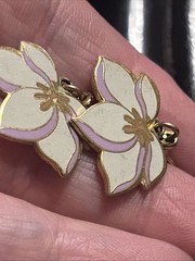 Laurel Burch Pear Blossom Dangle Earrings Cream Purple Enamel