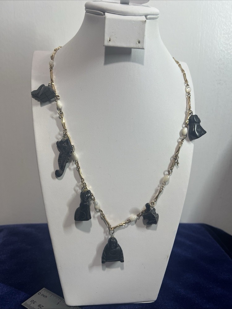 Vintage Estate HOBE Signed Gold Tone & White Beaded ANIMAL ONIX 28” Unique