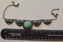 Antique Czech (?) blue enamel faux turquoise filigree necklace, 15 in, as found